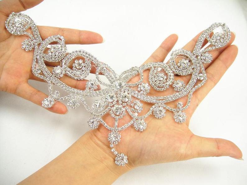 Hochzeit - Bling Sweet Heart Rhinestone Applique Hot Fixed Water Drop Crystal appliques Jewelry Iron on wedding Sash Belt Bridal Dress Neckline