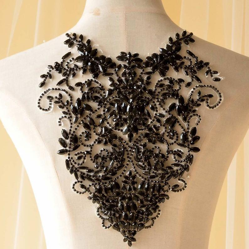 زفاف - Black Beaded Lace Applique for Evening Gown Black Rhinestone Bodice Beading Embellished for Formal Dress Decor