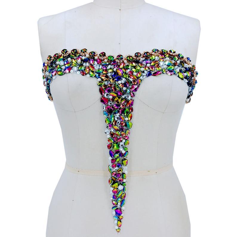 زفاف - Colorful Rhinestones Wedding Dress Neckline Appliques Sew on Beading Patch Accessories for Evening Ballgown