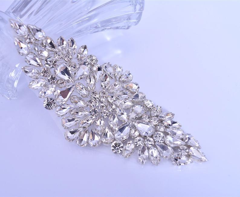 Wedding - Rhinestone Garter Applique Crystal Sash belt Motif Dress Shoulder Appliques Bling Embellished for Bridal Bouquet