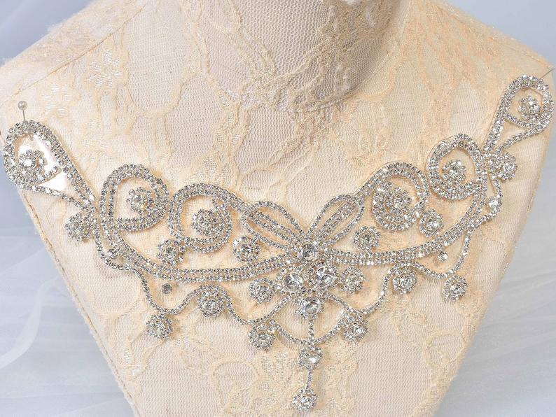 Hochzeit - Iron on Rhinestone Neckline Trims Crystal Belt Diamante Water drop Applique Bling Accent for Wedding Dress, Party Costumes