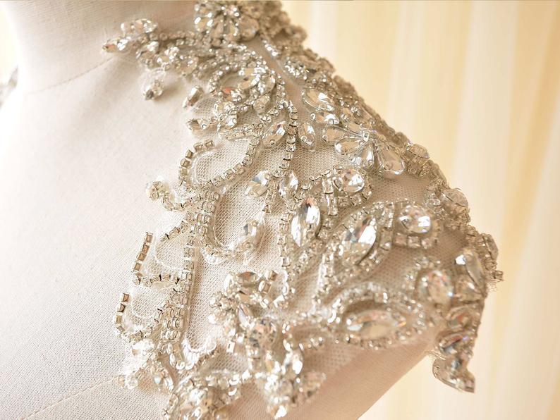 Свадьба - Mirror Pair Bridal Shoulder Applique Rhinestone Crystal Patches for Wedding Dresses DIY Party Costumes