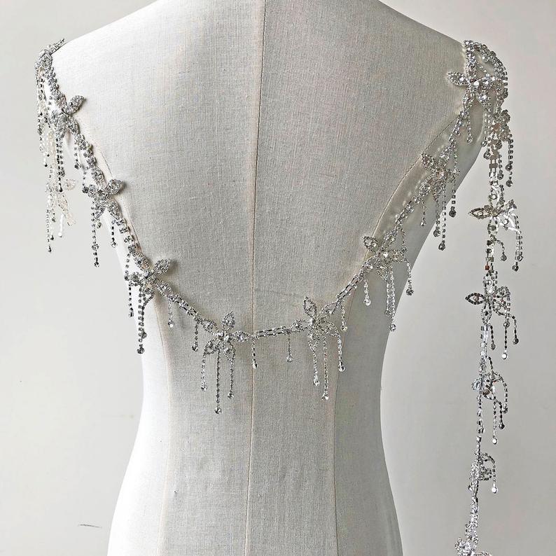 Wedding - Dangling Crystal Diamante Belt Clear Rhinestone Appliques Sparkling Accents for Bridal Cover up, Prom Dresses Belt