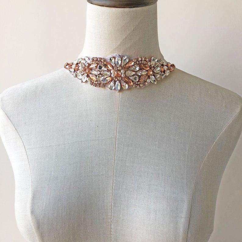 Wedding - Rose Gold Rhinestone applique Hot Fixed Crystal Diamante Pearls Motif for Bridal Sash Belt wedding Garter