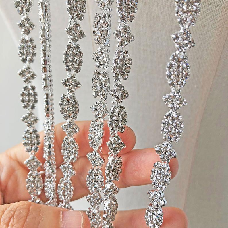 Hochzeit - Wedding Crystal Rhinestone Applique Shoulder Strap Rhinestones Diamante trim for dress, Sash Belt, Bridal garter