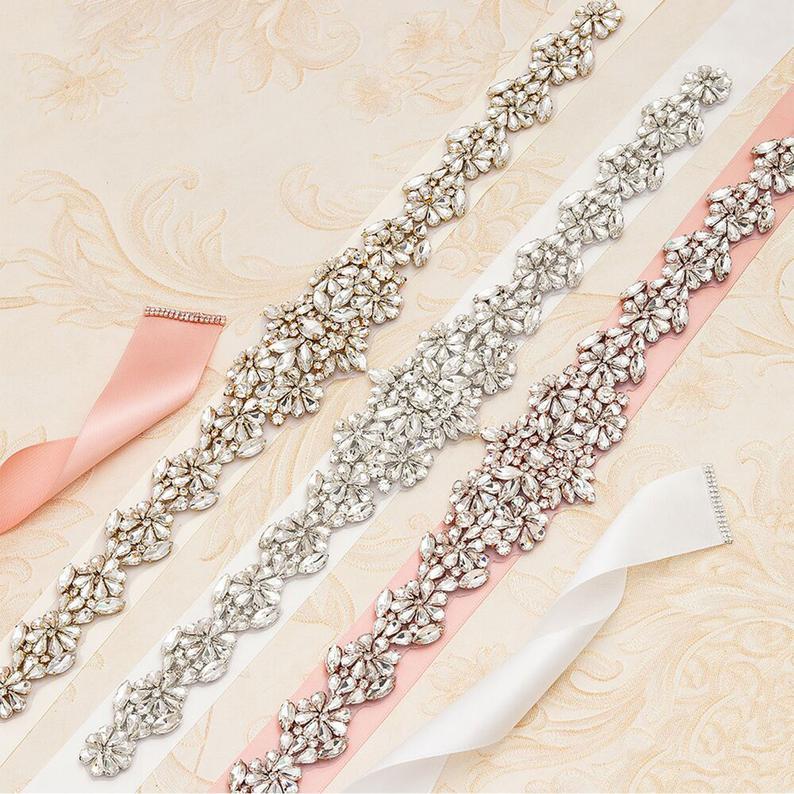Hochzeit - Clear and Sparkling Crystal Rhinestones Applique Hot Glued Diamante Trims for DIY Wedding Ribbon Pageant Dress Belt