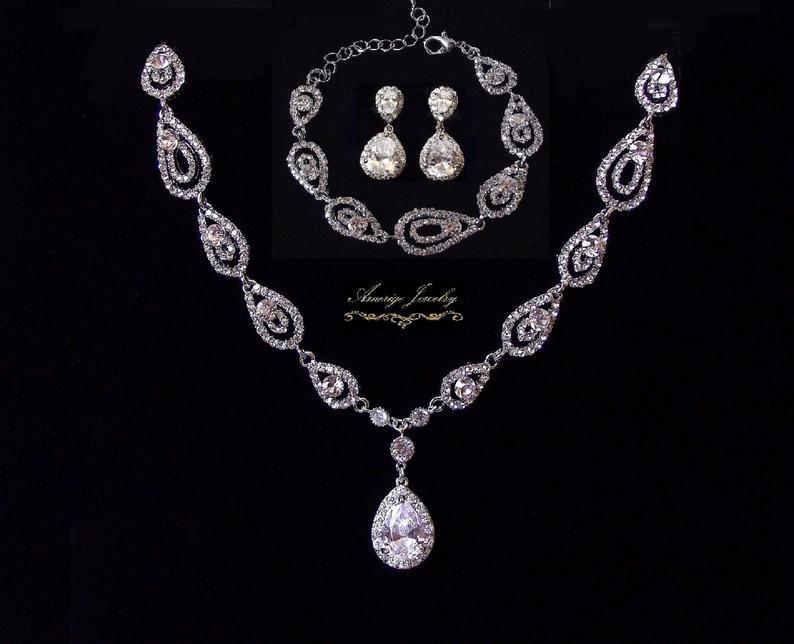 Wedding - Bridal jewelry set silver art deco wedding necklace crystal wedding jewelry bridal necklace vintage bridal jewelry set necklace & earrings