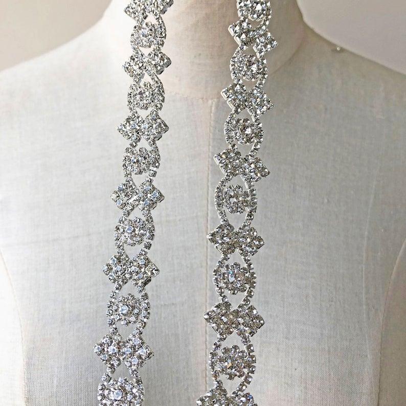 Hochzeit - Bling Rhinestone Trimming,Crystal Sash Belt Applique ,Diamante Belt Appliques for DIY Wedding Garter ,Bridal Dress Belt