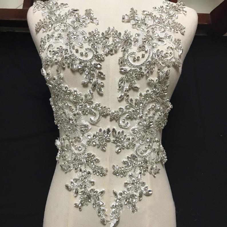 زفاف - Rhinestone Applique Crystal Flower Patches Embroidery Beaded Sewing Appliques for Bridal Gown Evening Bodice