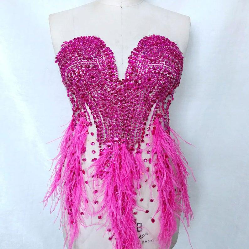 زفاف - Luxury Rhinestone Bodice Applique Beaded Feather Trims Stitch Patch for Costume Ballgown Evening Dress
