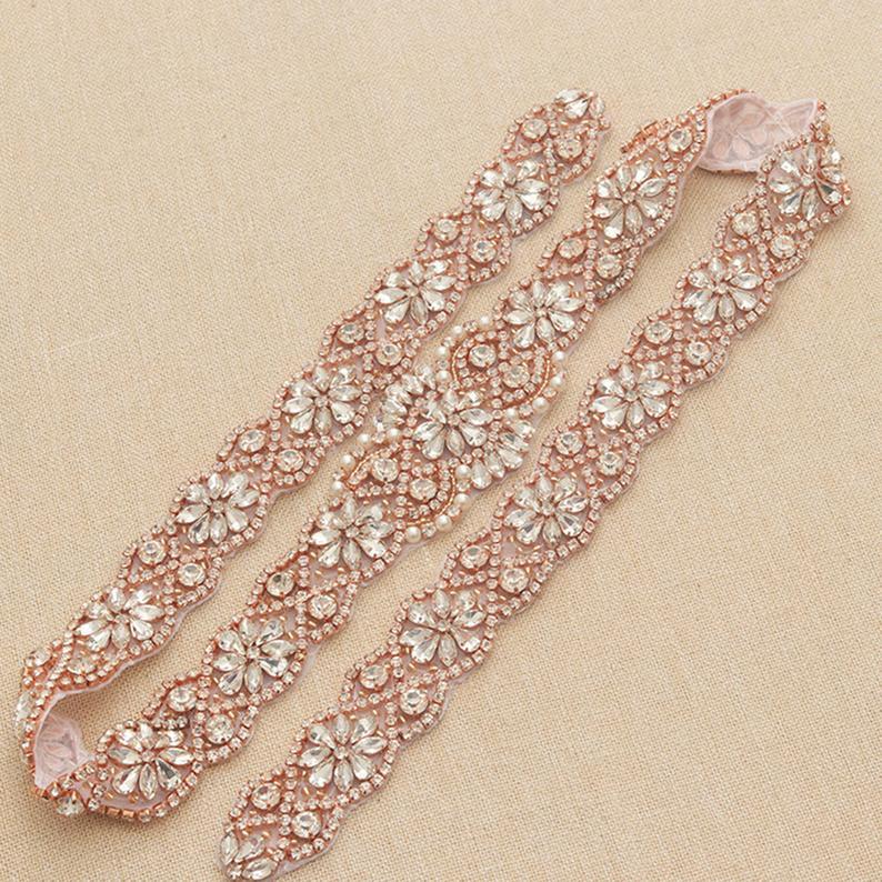 Wedding - 36 inches Rose Gold Applique Belts Crystal Beads Rhinestone Sash Trimming Hot Fixed for Wedding Dress Bridal Gown