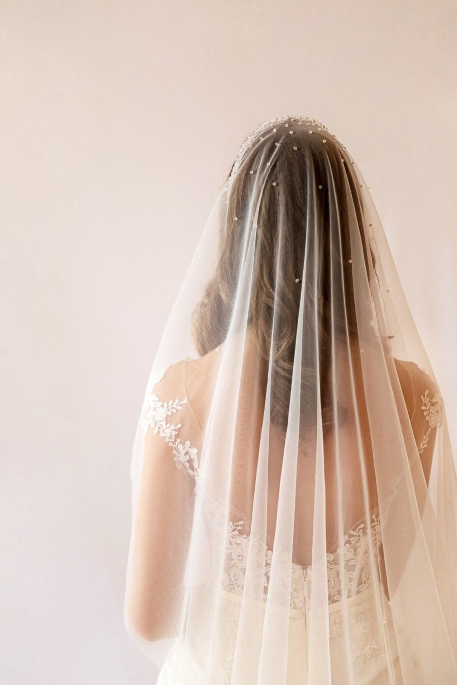 Wedding - Juliet cap wedding veil, vintage veil, crystal detailed veil - romantic wedding veil-Chapel length veil