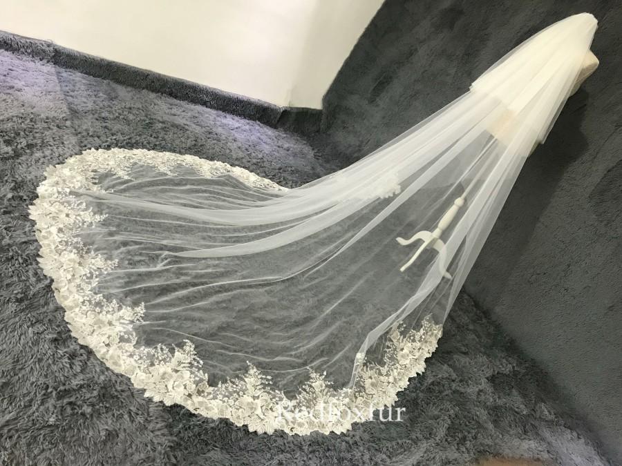 Wedding - Lace Flower veil,Long Cathedral veil,2 tiers Veil,blusher veil,Royal lace Veil,lace applique veil,Wedding accessories