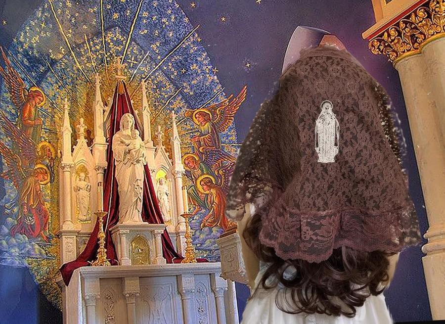 Wedding - Little Flower Embroidered Lace Chapel Veil Mantilla for Catholic Girls St Therese Carry Bag and Prayer Card Free Shipping The Veiled Woman
