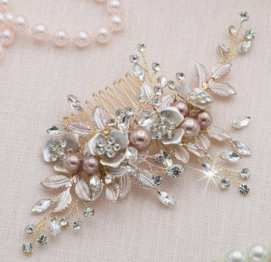 Mariage - Metallic Rose Gold Floral Pearl Bridal Hair Piece Rosegold Hair Vine Rose Gold Hair Comb Boho Headpiece Zirconia Rose Gold Comb Hairpiece