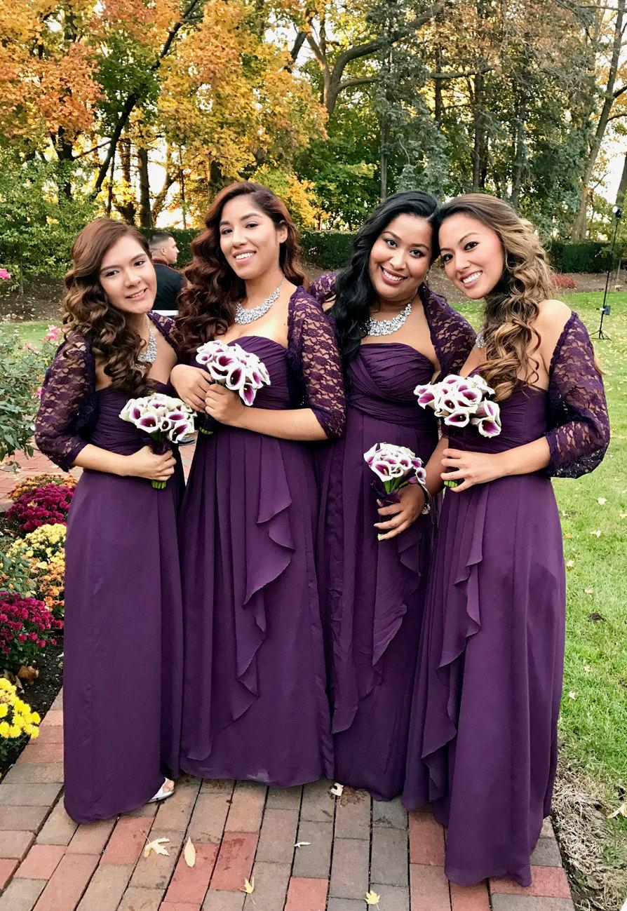 Hochzeit - Bridesmaid shawls set of 4, purple bridesmaid shawls, plum wedding, bridesmaid wraps and shawls, lace bridal shrug, purple wedding