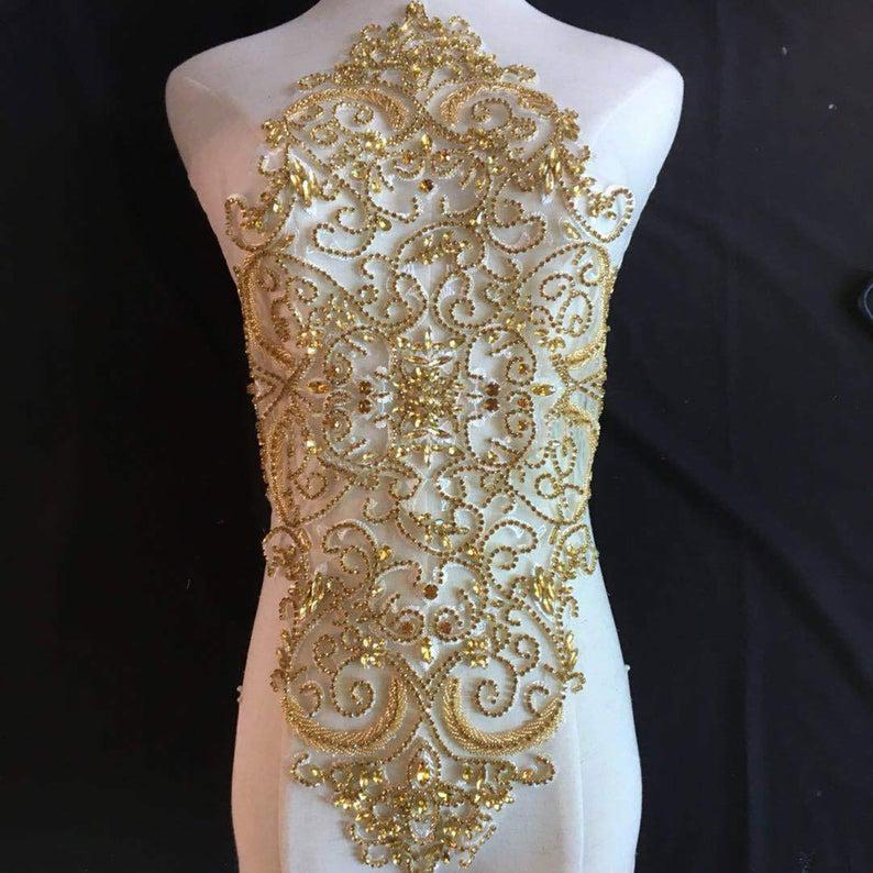 Свадьба - Full Body Gold Rhinestone Bodice Applique Vintage Beading Fringe Craft for Emerging Couture Wedding Dress