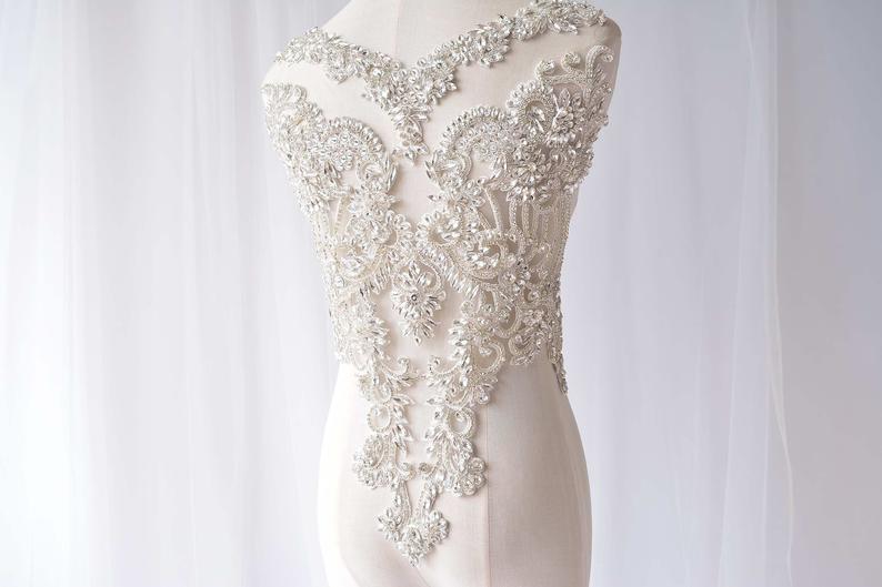 زفاف - Heavy Clear Rhinestone Bodice Applique Crystal Application Patch Sparkling Accents for Wedding Dresses,Prom Gown