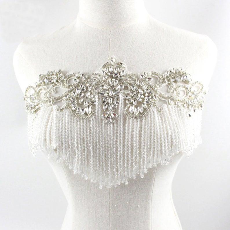 Hochzeit - Rhinestone Beaded Tassel Applique for Prom Party Dress Crystal Neckline Trims Drop Charm for Beach Wedding Dresses
