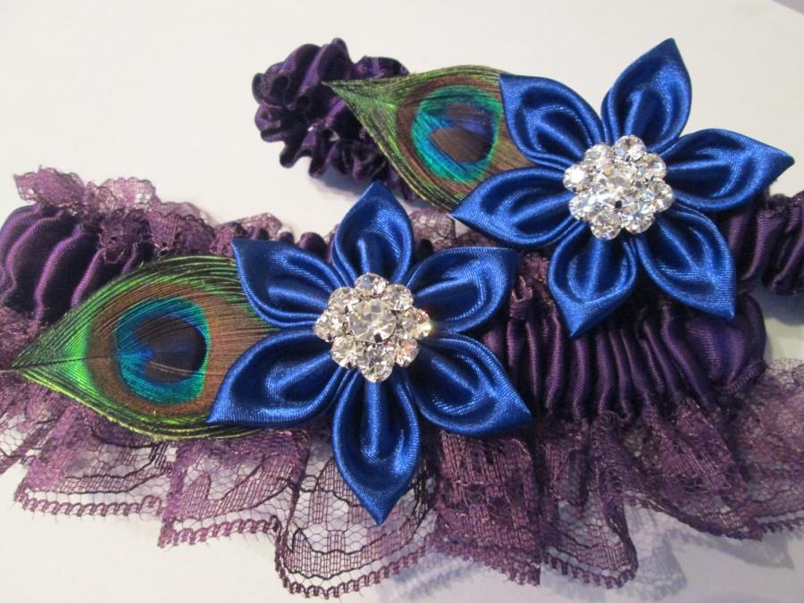 Hochzeit - Royal Blue & Purple Wedding Garter Set, Purple Peacock Garter, Plum Purple Lace Bridal Garter w/ Sapphire Blue Flower, Something Blue Garter