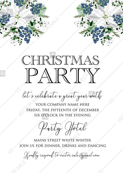 Свадьба - White poinsettia flower berry invitation Christmas party flyer PDF 5x7 in PDF editor