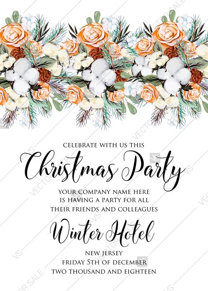 Mariage - Christmas Party Invitation cotton winter wedding invitation fir peach rose wreath PDF editor