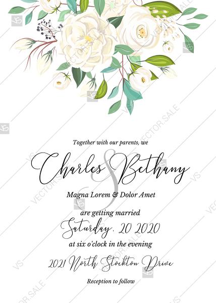 زفاف - Wedding invitation white rose flower card template PNG 5x7 in personalized invitation