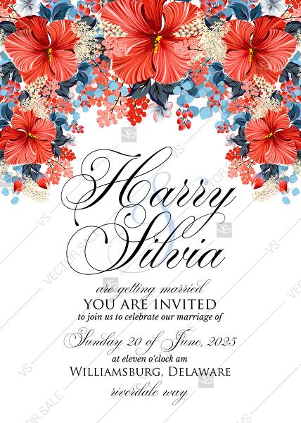 Hochzeit - Red Hibiscus wedding invitation tropical floral card template Aloha Lauu PDF 5x7 in customizable template
