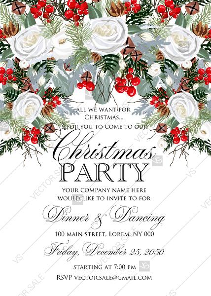 Wedding - Merry Christmas Party Invitation winter floral wreath fir white rose red berry PDF 5x7 in personalized invitation