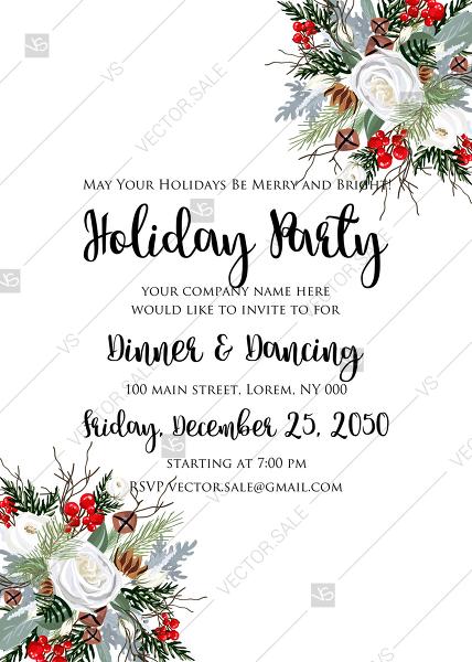 زفاف - Merry Christmas Party Invitation winter floral wreath fir white rose red berry PDF 5x7 in PDF template
