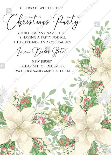 Wedding - Christmas Party invitation winter white poinsettia flower cranberry greenery PDF 5x7 wedding invitation maker