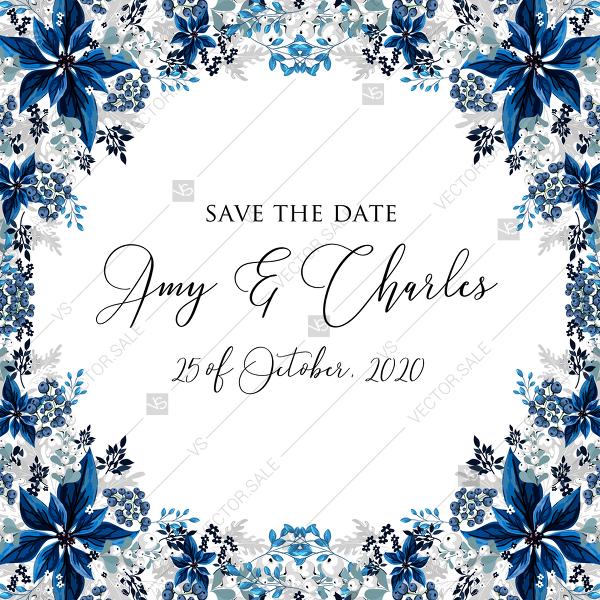 زفاف - Save the date wedding invitation set poinsettia navy blue winter flower berry PDF 5,25x5,25 in edit template