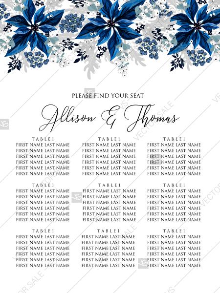 Hochzeit - Seating chart wedding invitation set poinsettia navy blue winter flower berry PDF 18x24 in customizable template