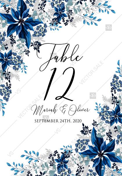 Wedding - Table place card wedding invitation set poinsettia navy blue winter flower berry PDF 3.5x5 in online editor