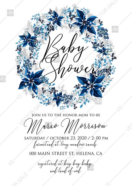 Mariage - Baby shower wedding invitation set poinsettia navy blue winter flower berry PDF 5x7 in invitation editor