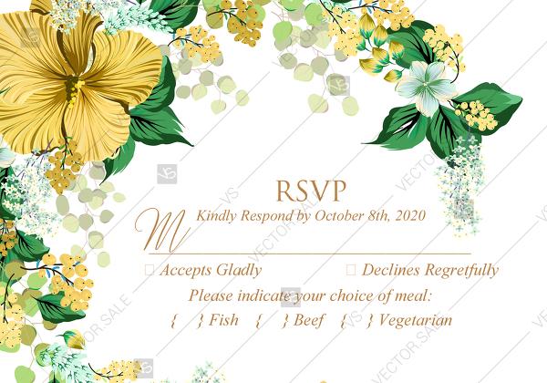 Свадьба - RSVP wedding invitation set yellow lemon hibiscus tropical flower hawaii aloha luau PDF 5x3.5 in personalized invitation