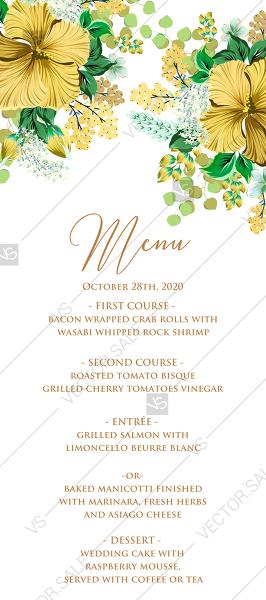 Hochzeit - Menu wedding invitation set yellow lemon hibiscus tropical flower hawaii aloha luau PDF 4x9 in customize online