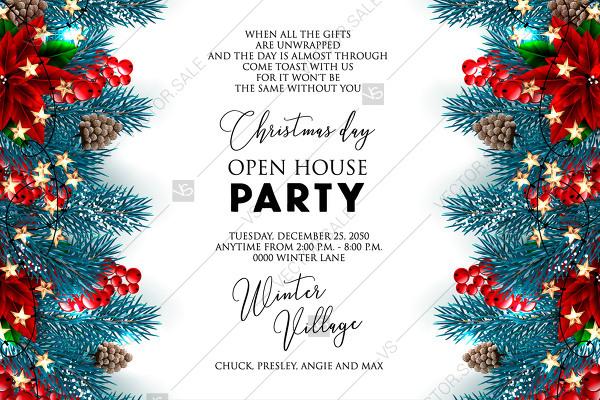 Wedding - Christmas Party invitation greeting card paper snowflakes in a fir pine tree branches vector illustration - Vector floral greeting card