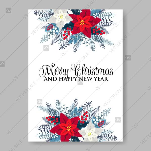 Wedding - Merry Christmas Party Invitation Red Poinsettia fir pine tree branch wreath vector invitation
