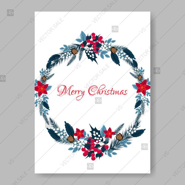 Wedding - Merry Christmas Party Invitation Red Poinsettia fir pine tree branch wreath decoration bouquet