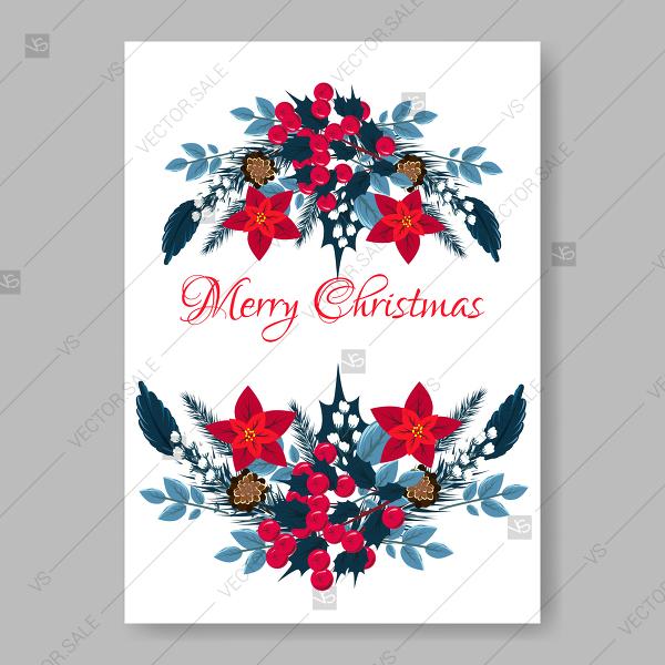 زفاف - Merry Christmas Party Invitation Red Poinsettia fir pine tree branch wreath floral background