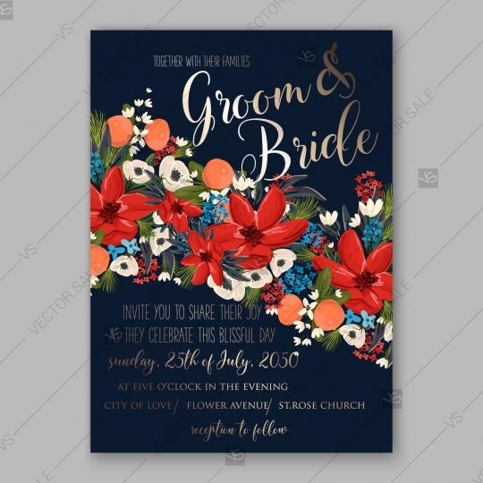 زفاف - Red Poinsettia fir pine Wedding Invitation vector template card winter floral wreath Christmas Party poster spring