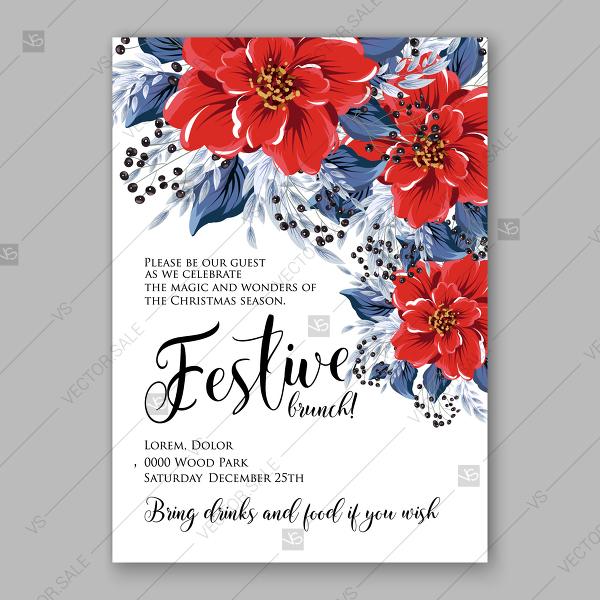 Wedding - Poinsettia Christmas Party Invitation fir Privet berry winter floral background winter
