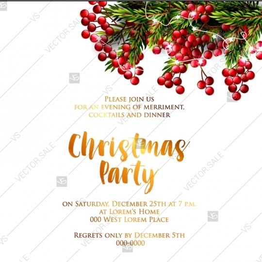Mariage - Merry Christmas party invitation red berries fir pine branch wreath light garland