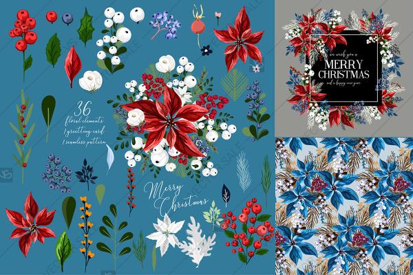 Mariage - Set Clip art Poinsettia Flowers Floral Elements fir red berry white berry modern floral design