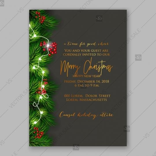 Wedding - Christmas Party Invitation vector template fir wreath pine branches red berry lights garland thank you card