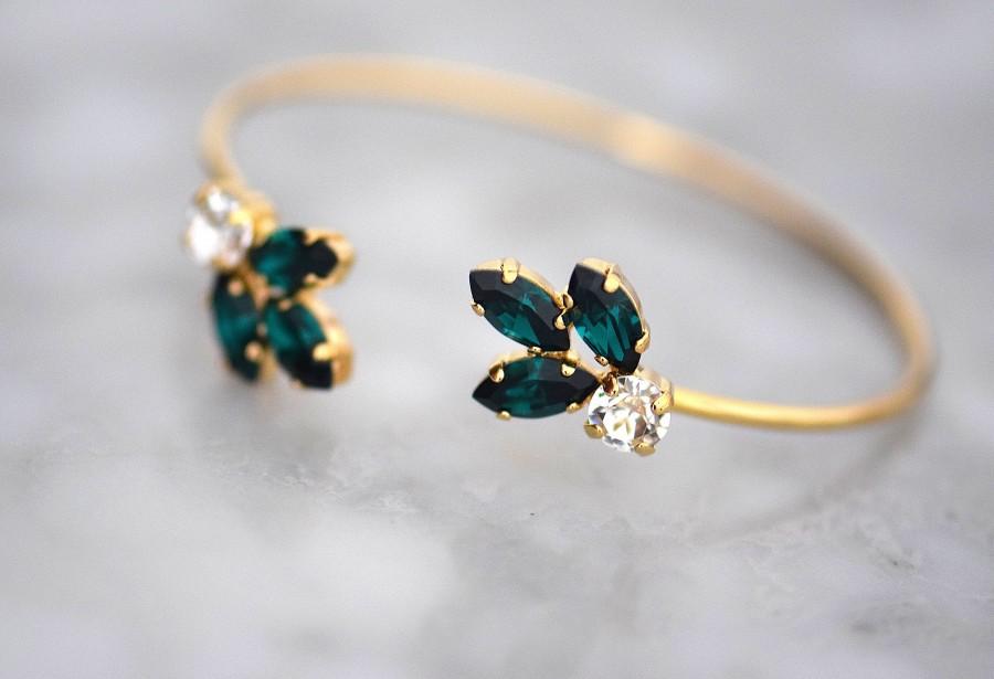 Hochzeit - Emerald Bracelet, Emerald Bridal Bracelet, Swarovski Crystal Cuff Bracelet, Gold Leaf Bracelet, Emerald Green Bracelet, Open Bangle Bracelet