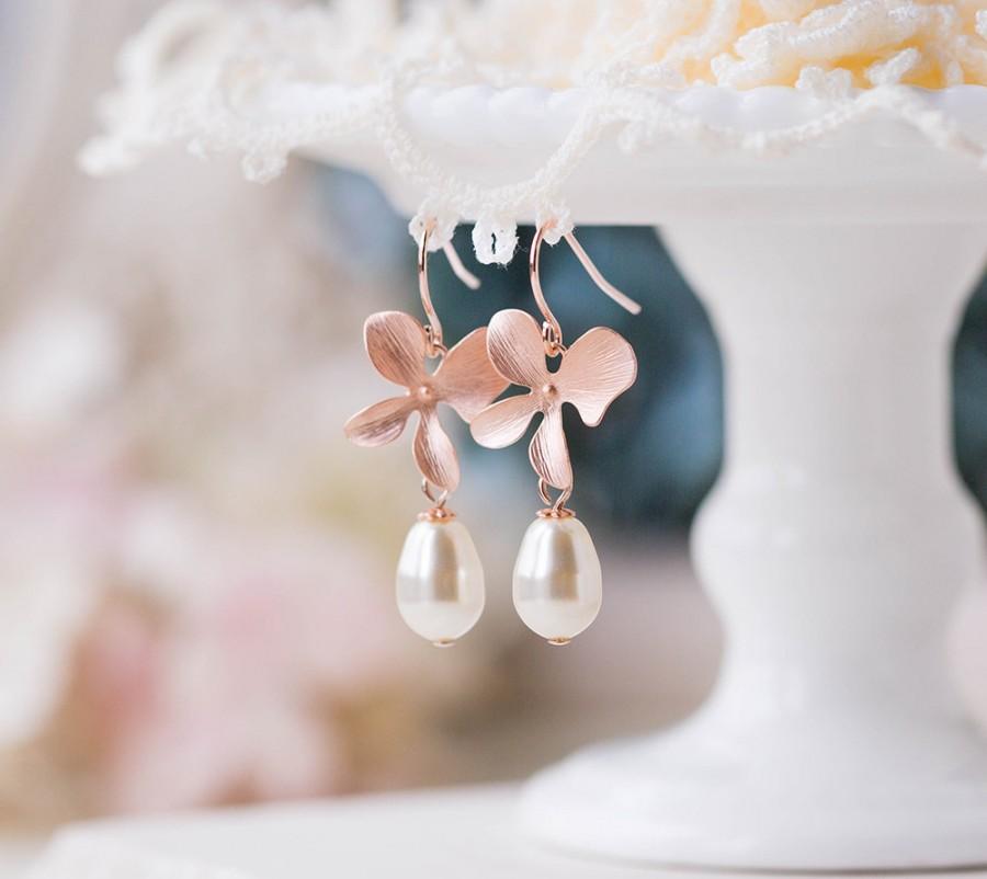 Mariage - Rose Gold Orchid Flower Cream White Teardrop Pearls Dangle Earrings Rose Gold Wedding Jewelry Bridal Earrings Bridesmaid Gift labor day sale