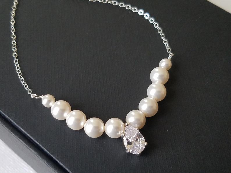 Wedding - White Pearl Bridal Necklace, Pearl Silver Wedding Necklace, Swarovski Pearl Dainty Necklace, Bridal Jewelry, Wedding Jewelry, Prom Necklace