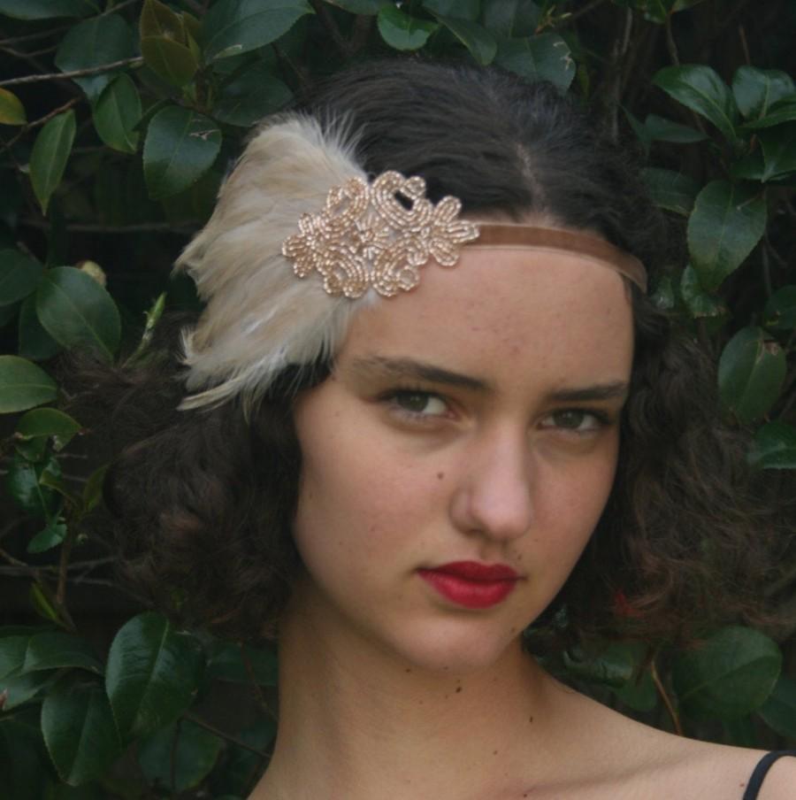 زفاف - CHAMPAGNE Headband, 1920s beaded headpiece, Great Gatsby New Year's Eve Party hair accessory, Beige Feather fascinator,  Black, Gray feather